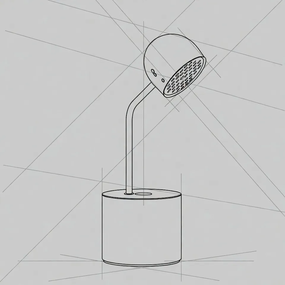 Boceto de una lámpara de escritorio en perspectiva, con líneas de construcción