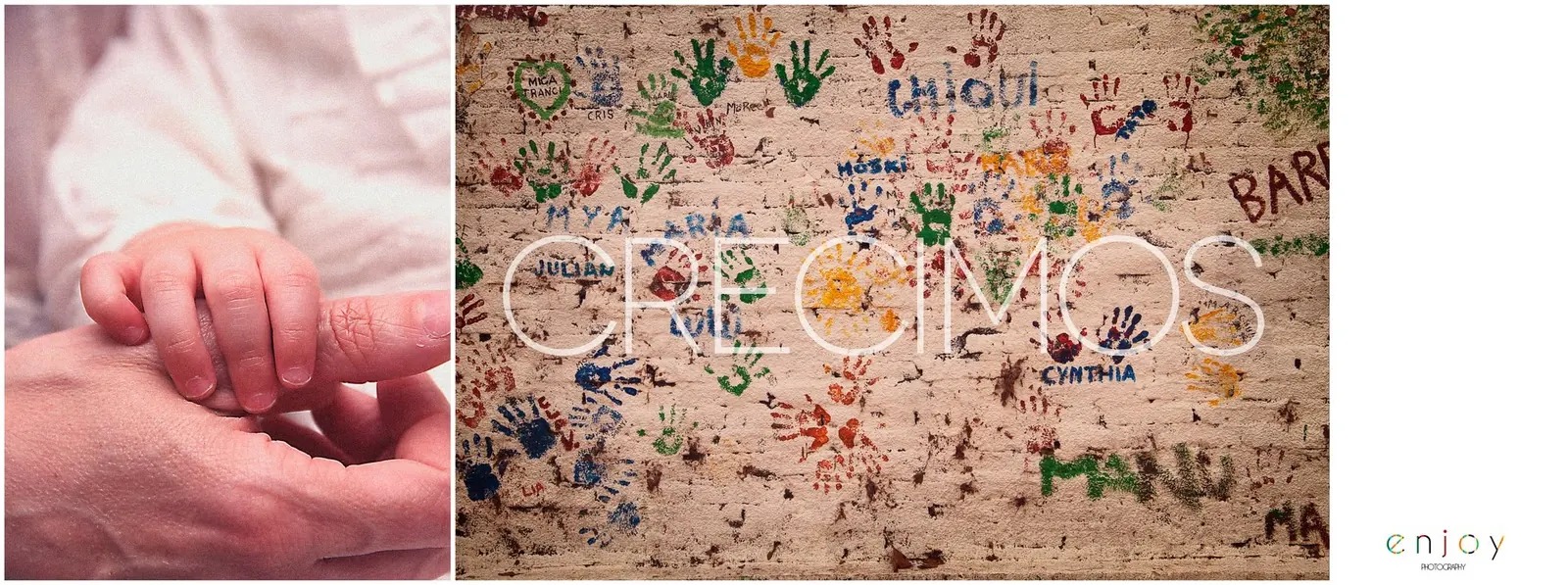 Lámina «Crecimos»: la mano de un recién nacido sobre la de un adulto, junto a una pared llena de manos pintadas con nombres
