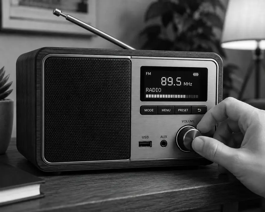 Una radio antigua sobre un escritorio